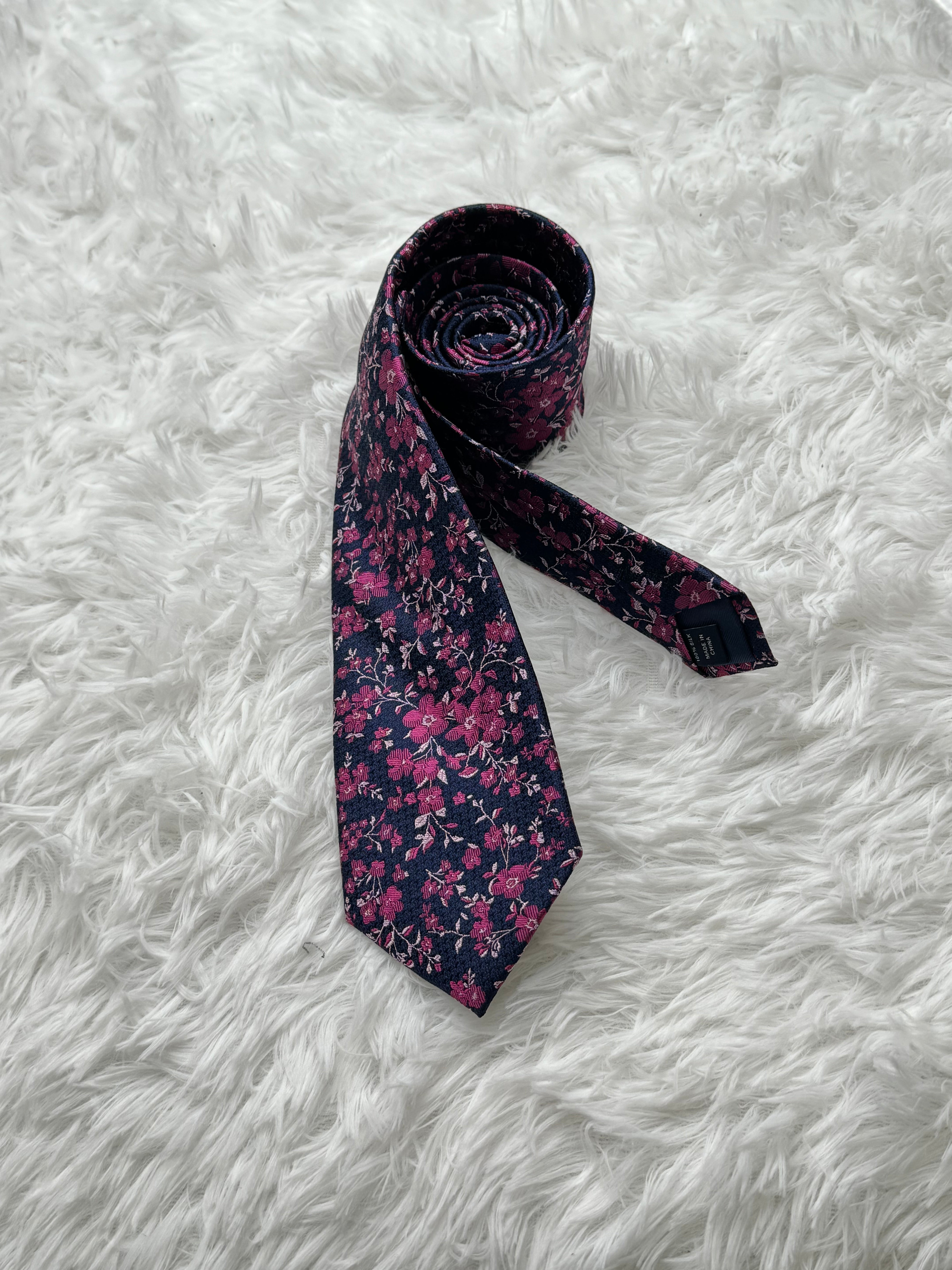 Dark blue rose peach embroidered business tie