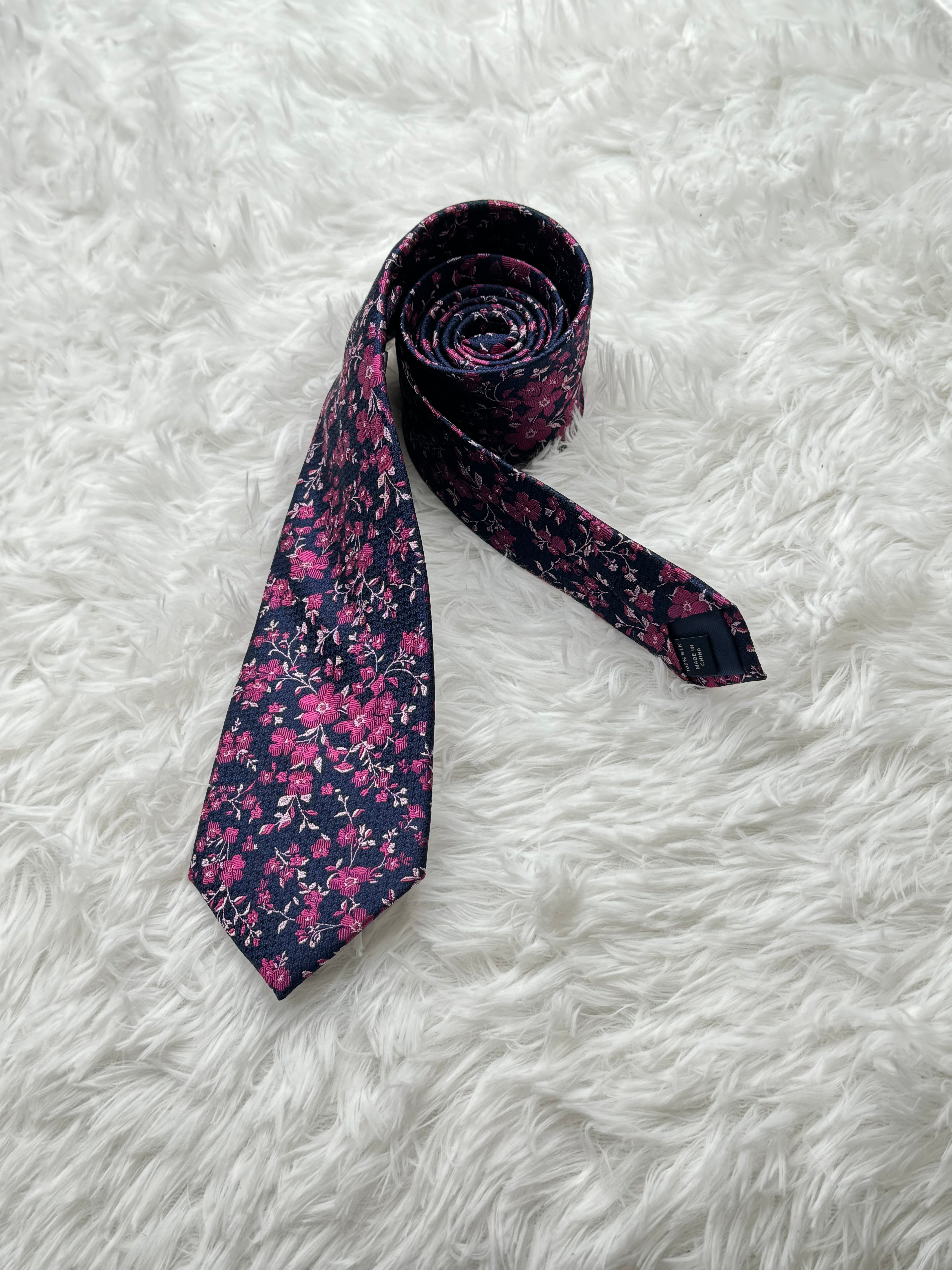 Dark blue rose peach embroidered business tie