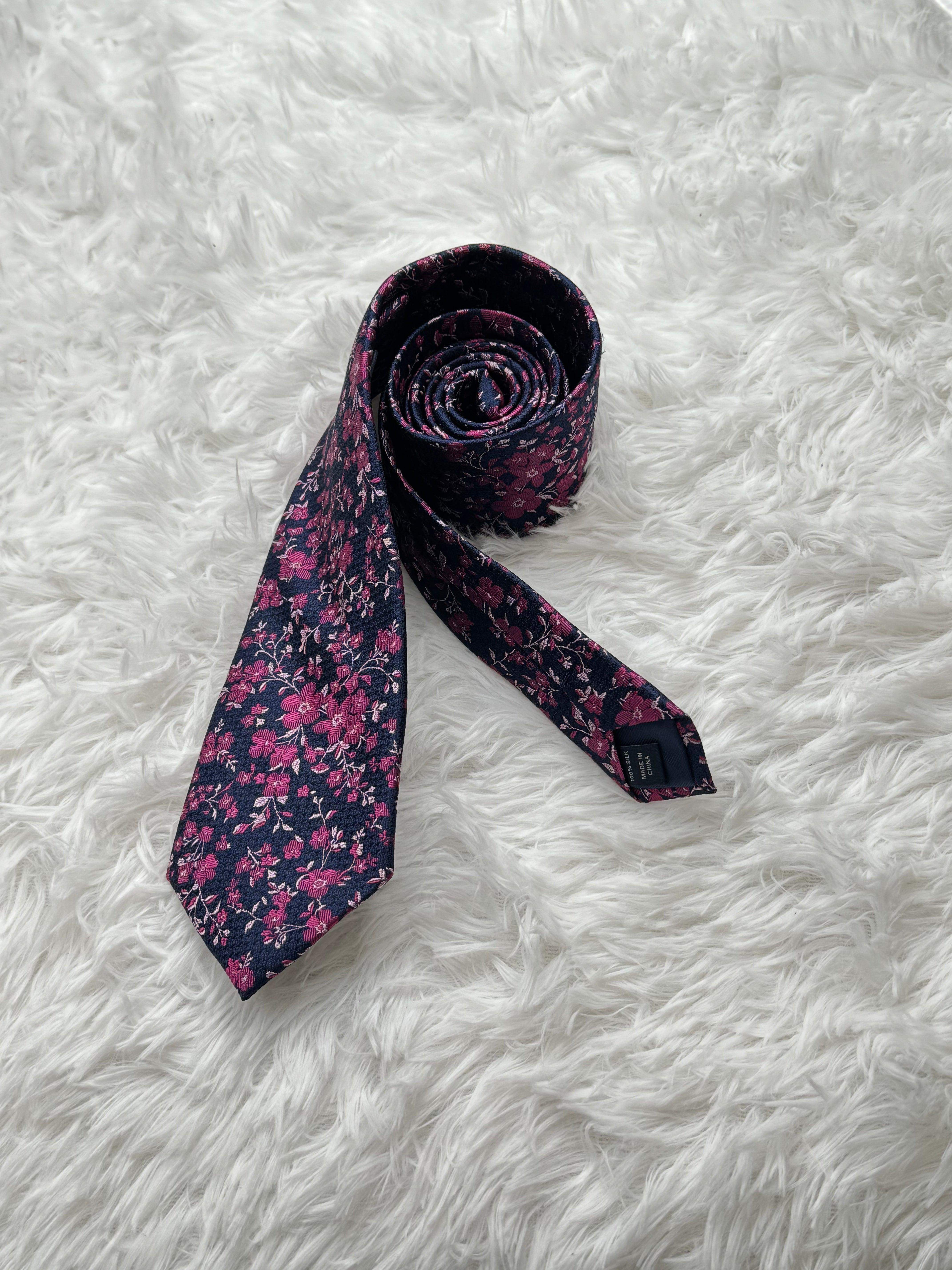 Dark blue rose peach embroidered business tie